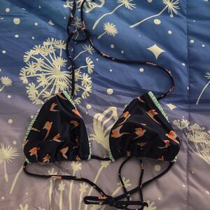 Xhilaration Tropical Bird Print Triangle Bikini Top Adjustable Straps Navy M